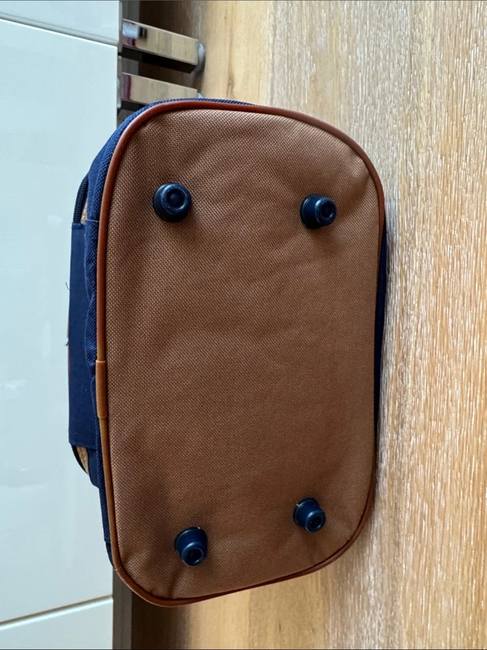 Aude Falbert Navy Quilted Cosmetic Case with Tan Trim and Gold Accents
